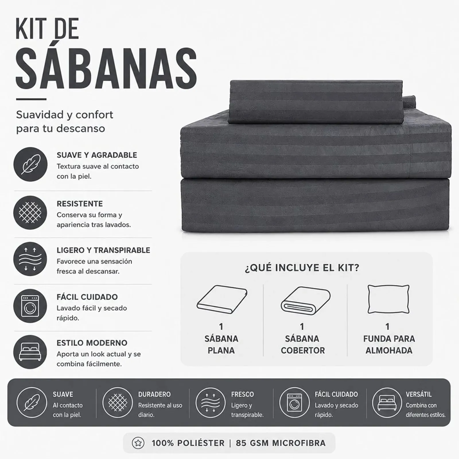 Set de Sábanas Poliéster Color Gris - Varios Tamaños - Matrimonial - Image 2