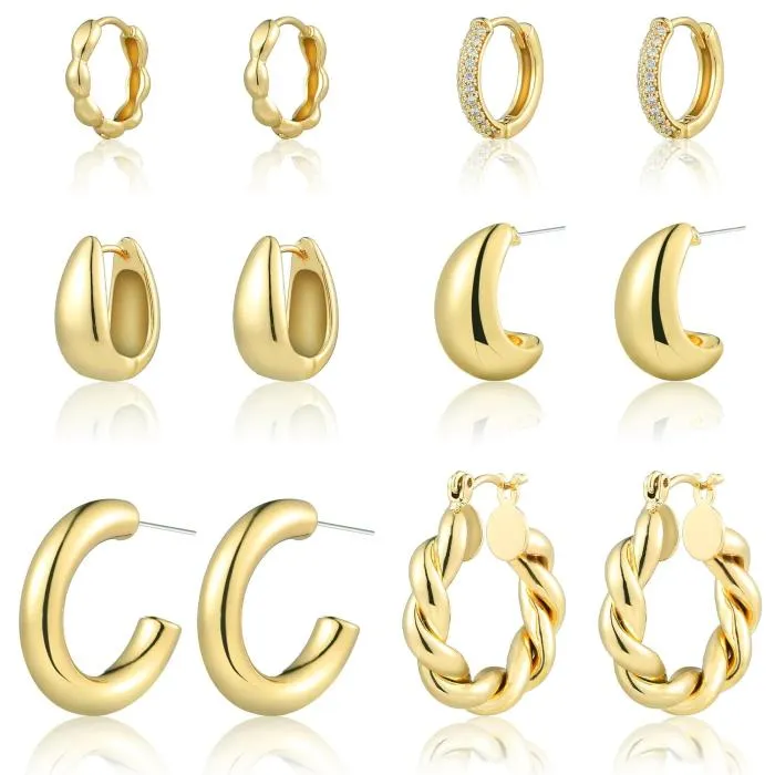 6 pares de aretes de oro para mujer, juego de pendientes de aro gruesos chapados en oro de 14 quilates, hipoalergénicos, ligeros, con aros abiertos retorcidos, ideales como regalo de Navidad o cumpleaños. - Image 1
