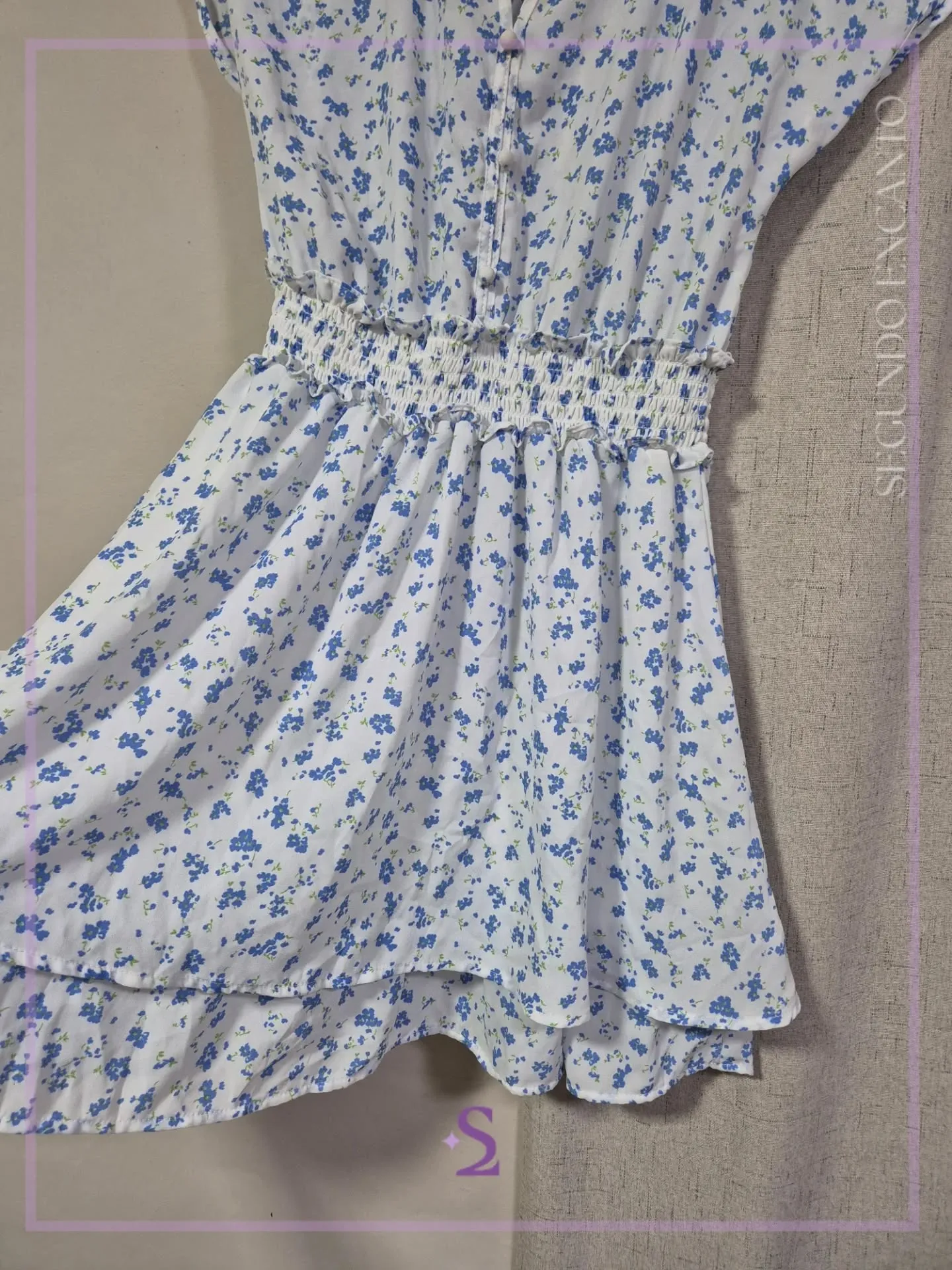 Vestido blanco con flores azules S/M - Image 3