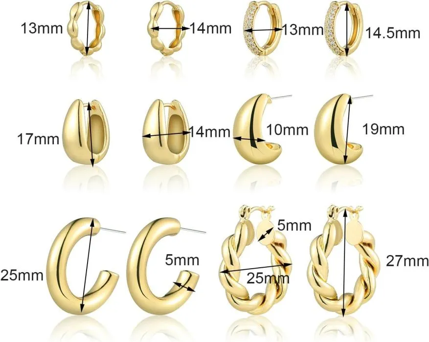 6 pares de aretes de oro para mujer, juego de pendientes de aro gruesos chapados en oro de 14 quilates, hipoalergénicos, ligeros, con aros abiertos retorcidos, ideales como regalo de Navidad o cumpleaños. - Image 3