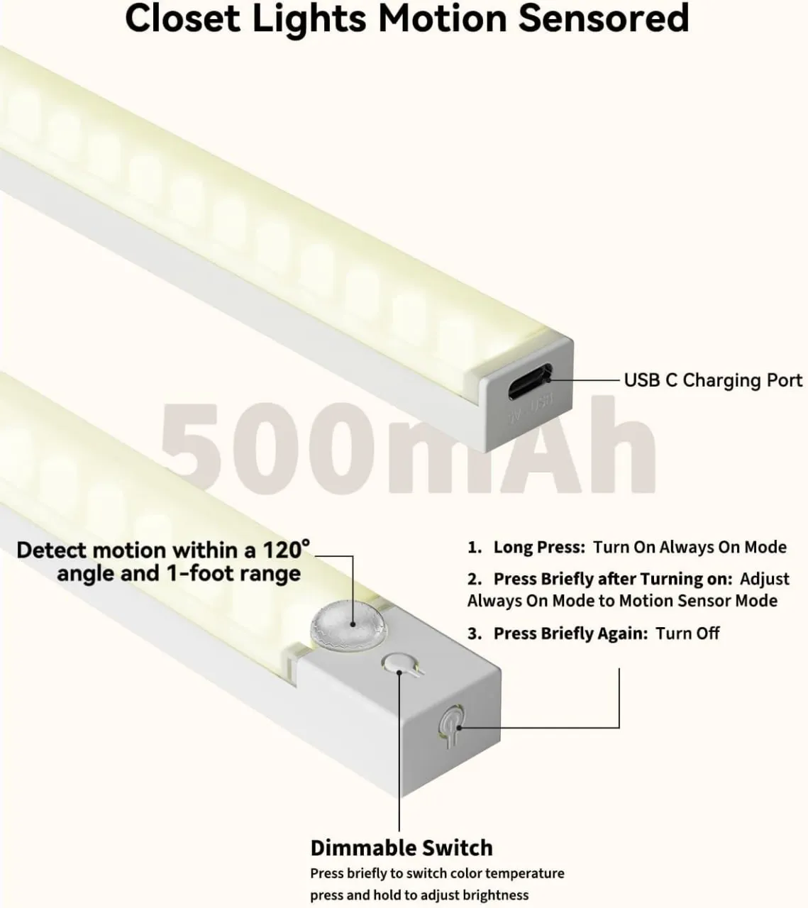 Set de 3 Luces LED USB Recargables con sensor de movimiento - Image 2