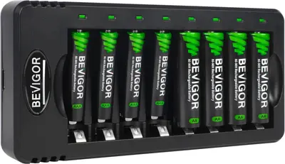 Cargador inteligente BEVIGOR de 8 compartimentos con 8 baterias recargables incluidas(4AAA+4AA)