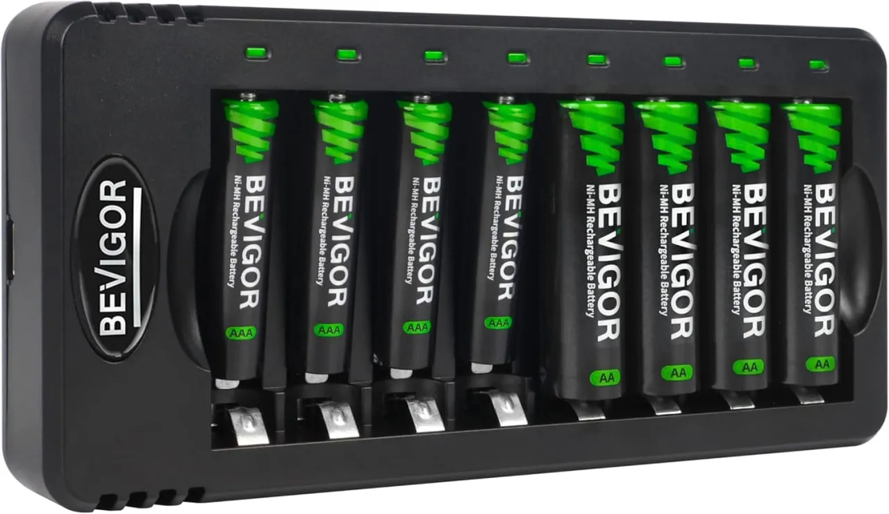 Cargador inteligente BEVIGOR de 8 compartimentos con 8 baterias recargables incluidas(4AAA+4AA) - Image 1