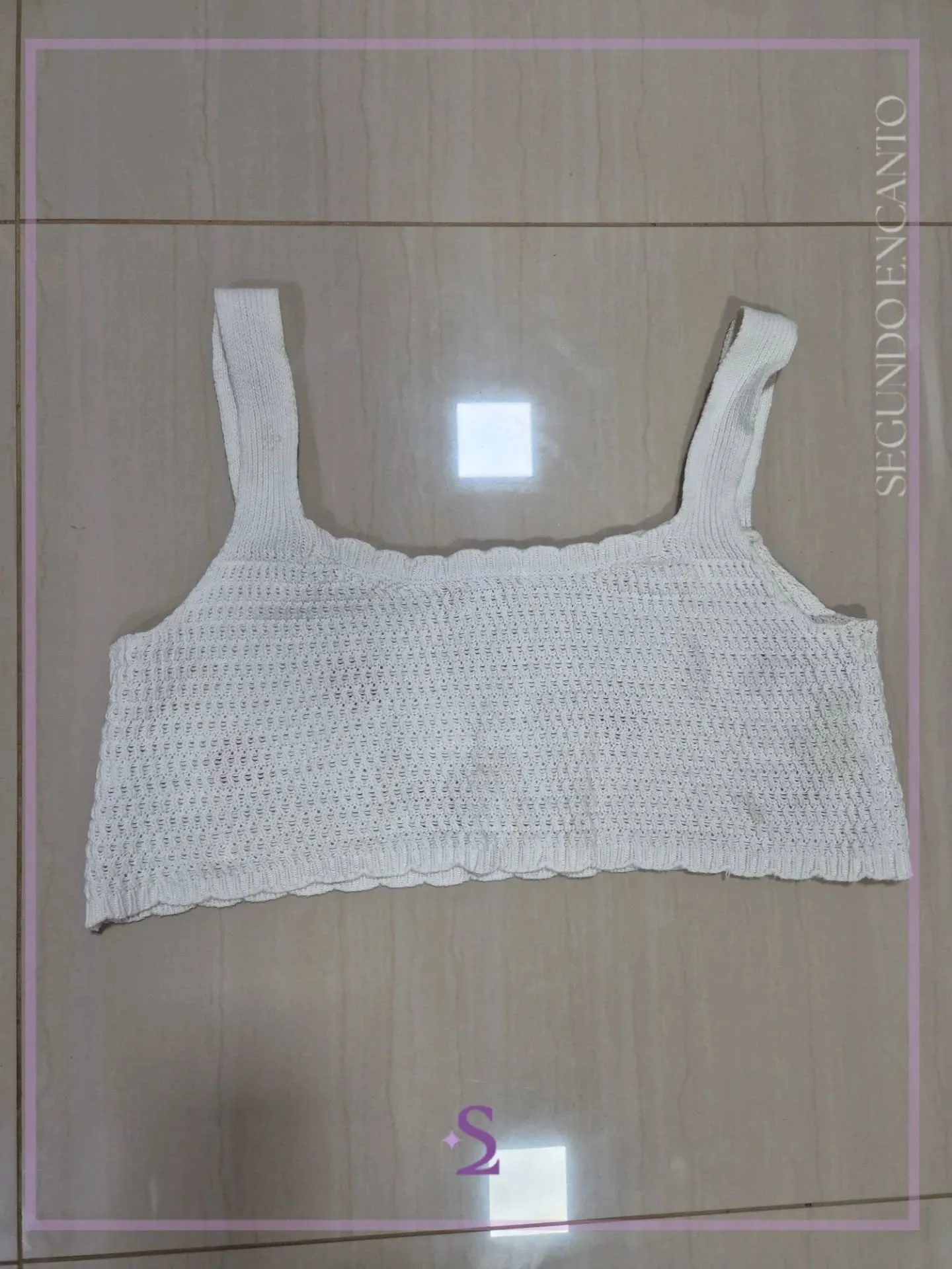 Crop top blanco tejido con flores L - Image 3